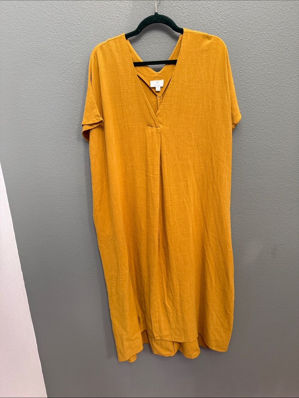 P Cill Rae Lagenlook Linen Blend V-Neck Midi Dress Mustard Sz M